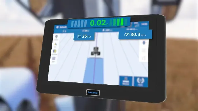 Ekran systemu nawigacji rolniczej Sveaverken F100 pokazujący precyzyjny tor jazdy ciągnika.
