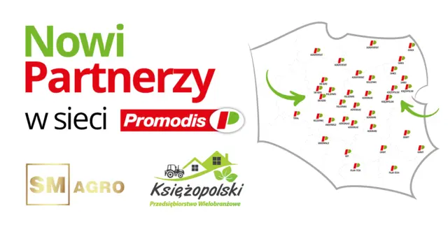 Mapa partnerów Promodis z logotypami nowych członków SM AGRO i Księżopolski.