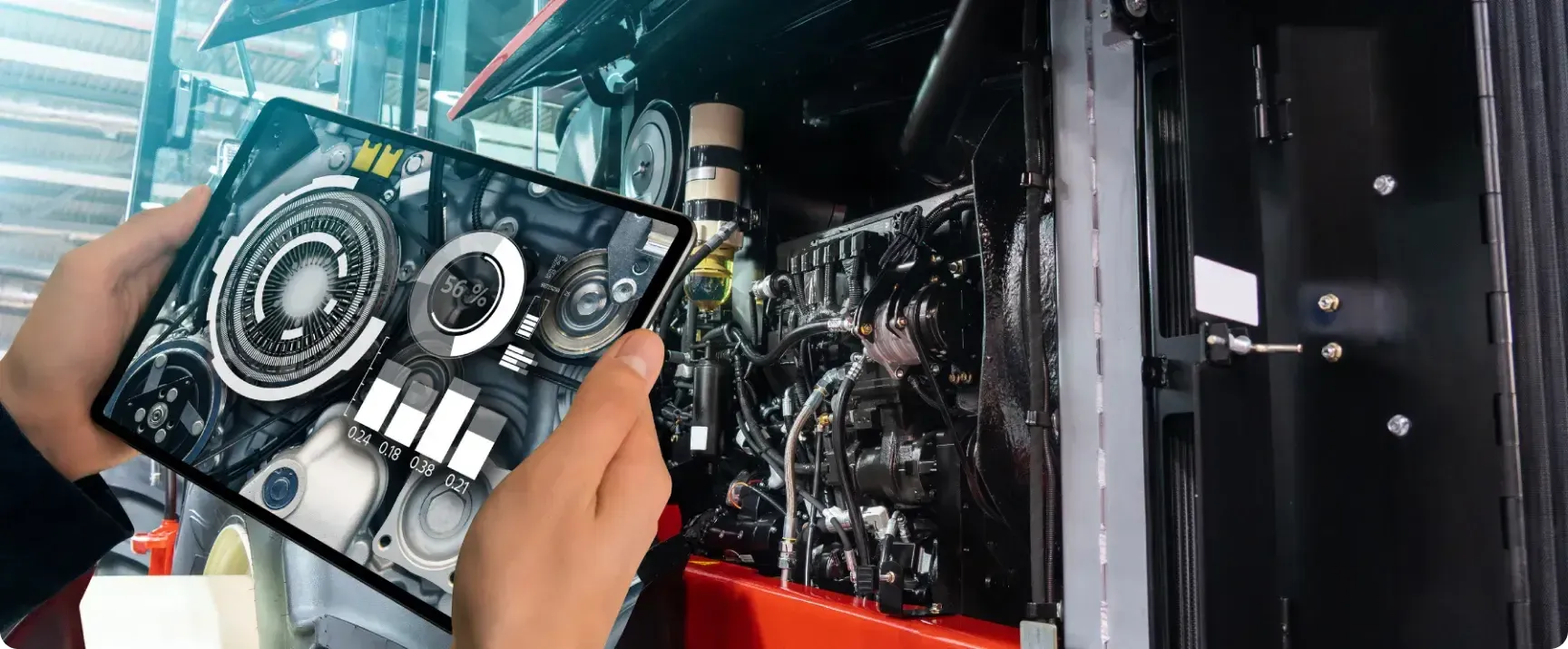 Mechanik diagnozujący silnik maszyny rolniczej za pomocą tabletu serwisowego.
