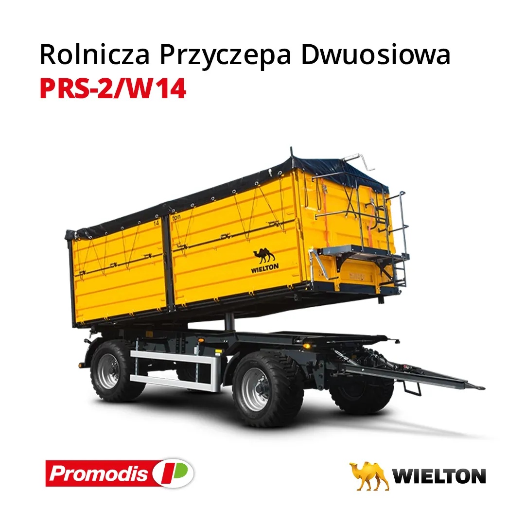 Wielton W14 Żółta dwuosiowa przyczepa rolnicza Wielton PRS-2/W14 na białym tle.